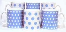 Baby Blue Dots and Spots Mugs Set of 6 Blue Porcelain Mugs Hand Decorated UK