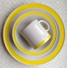 VTG  JI Stonecrest Andre Ponche J-103 Yellow Trim Dinner Plate Bowl Mug 3 Pc Set