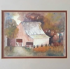 Watercolor Print Country Barn Framed Matted Signed - B Warren 11.5"×10"