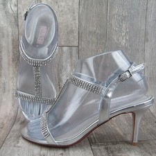 GLINT Silver Slingback Strappy Heel Sandals Ankle Strap Rhinestone Prom Formal 6