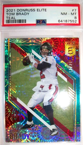 2021 DONRUSS ELITE TOM BRADY 12/25 TEAL EXPLOSION SSP NUMBERS MATCH JERSEY PSA 8