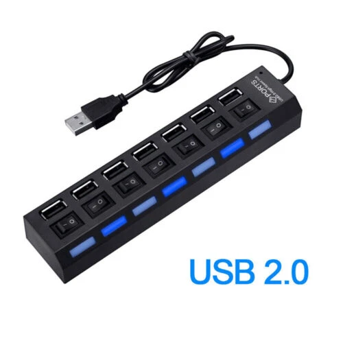 7-Port USB Hub with On/Off Switches, High-Speed Data Transfer, AC Adapter for PC Laptop