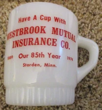 NOS VINTAGE 1889 - 1974 WESTBROOK MUTUAL INSURANCE STORDEN MINN. FIRE KING MUG
