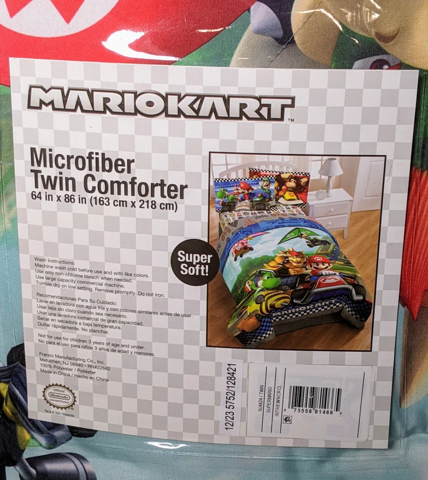 任天堂超级马里奥卡丁车双面儿童超细纤维双被子 64"x86" 全新 — 第 2/3 张图片