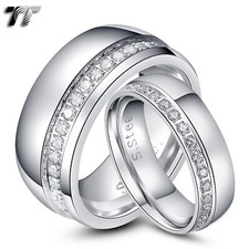 TT Dazzling Silver S.Steel Eternity CZ Wedding Band Ring For Couple Engravable