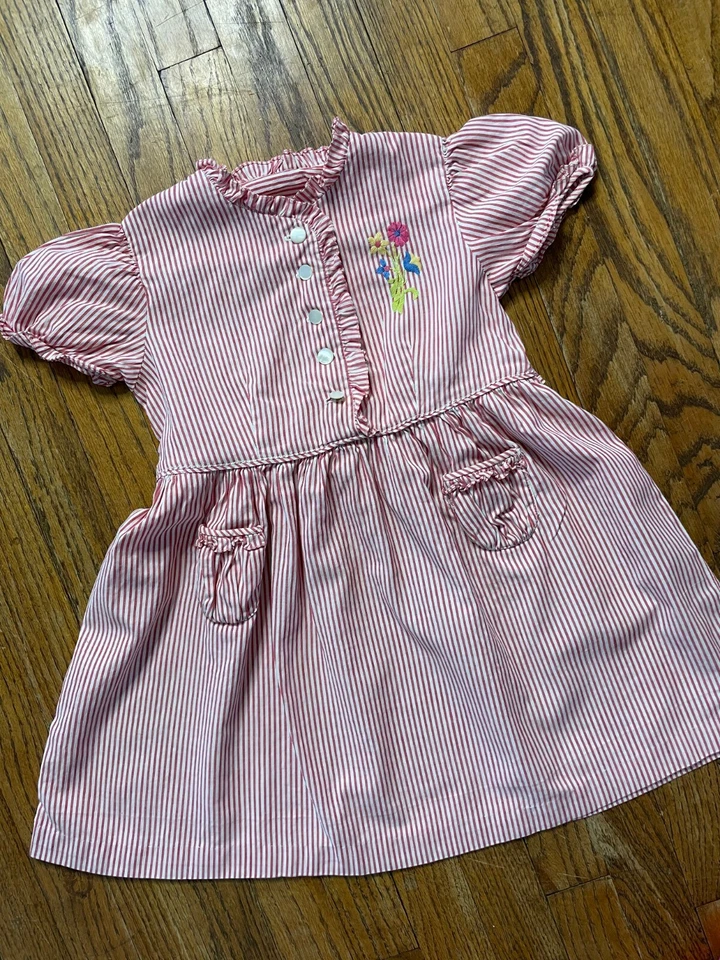 Vestido Cottagecore Vintage Años 50 Bordado Rockabilly Bebé Niña Rayas con Volantes Foto 3 de 4