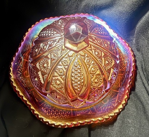 Vintage Indiana Glass Sunset Red Carnival Hobstar UV Reactive Covered Dish GLOWS