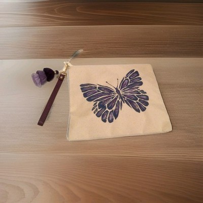 Butterfly Hand Crafted Canvas Pouch with Coolcoco Leather Wrist St Multi Purpose