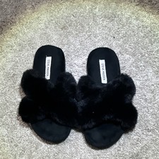 Steve Madden Faux Fur Slippers Size M 7/8 Black Fuzzy Slip On
