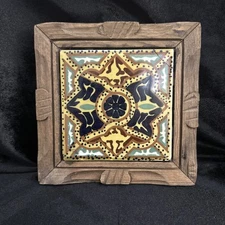 Vintage Orion Monterrey, Mexico Wood Framed Hand Painted Ceramic Tile Trivet.