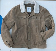 Zara Mens Cord Trucker Jacket Brown Sherpa borg Collar Size Large Quilted Lining