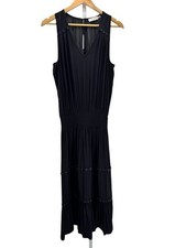Ramy Brook Eden Black Midi Dress Sz M Tiered Ring Embellished Smocked Waist