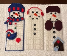 Christmas Lot Of 3 Snowman Family Needlepoint Plastic Canvas Handmade Decor Wall