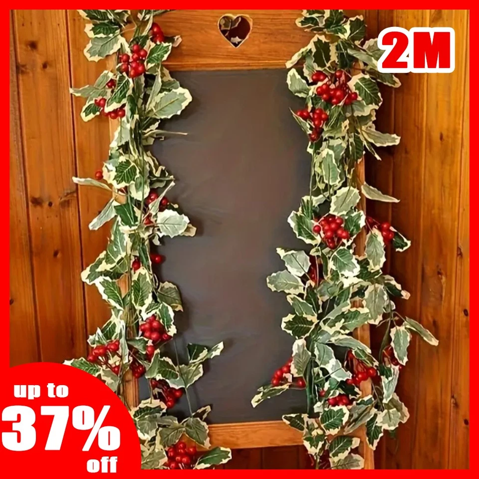 Artificial Holly Leaves Red Berries Flower Vine Garland Christmas Decorations