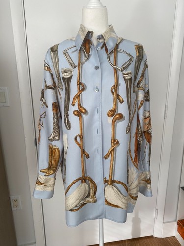 Auténtica Camisa Blusa Hermes Mangas Largas Azul Seda Talla 40 |