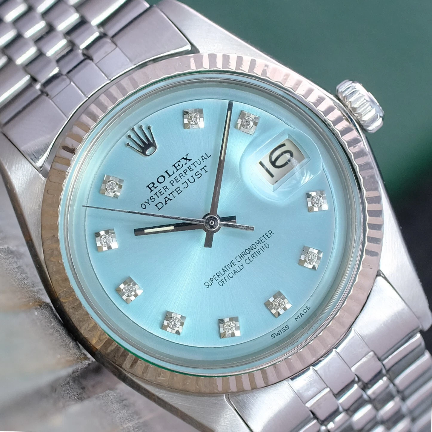 Rolex Men's Datejust Watch SS Blue Diamond Dial Fluted Bezel Jubilee 36mm 1601