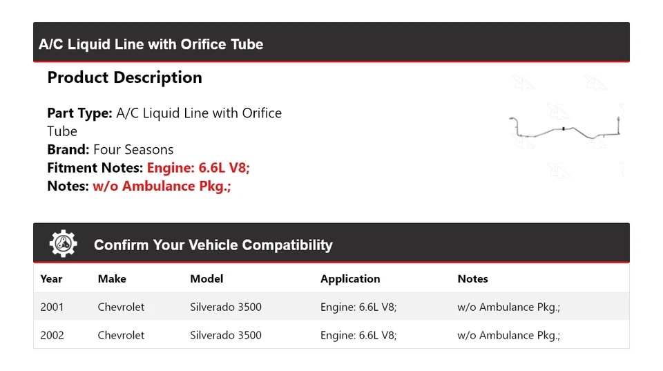 Chevrolet Silverado 3500 2001-2002 línea líquida de aire acondicionado con tubo de orificio 4 estaciones Foto 2 de 4