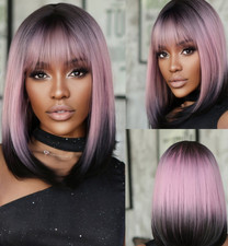 Fashion Ombre Black Purple Pink Bob Wigs Short Straight with Bangs for Women