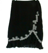 Nicole Miller Collection 100% Silk Skirt Black with White Embroidered Flowers
