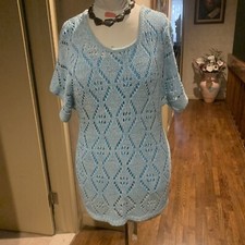 VINTAGE UNBRANDED CROCHET KNIT TEAL COTTON BLEND CAP KNIT SWEATER W/TANK TOP M