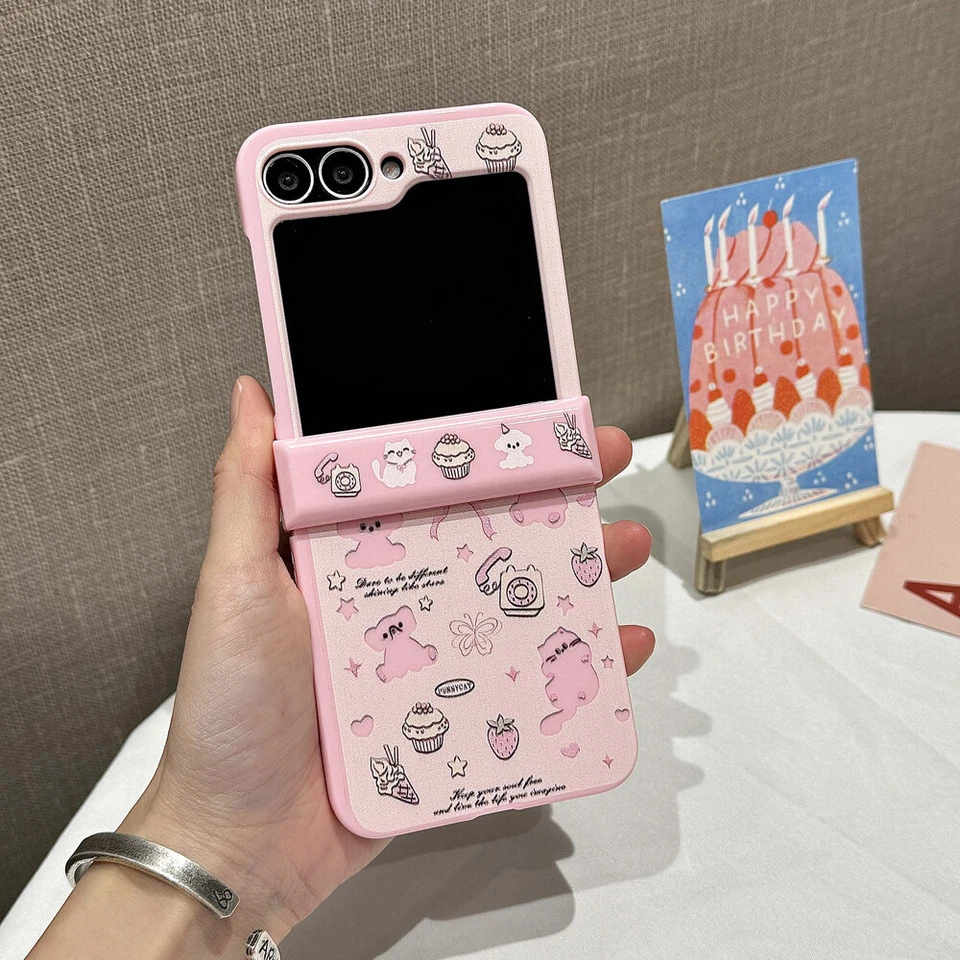 For Samsung Galaxy Z Flip 6 5 4 Flip3 Cartoon Cute Pink Cat Phone Case w/Chain - Image 3 of 4