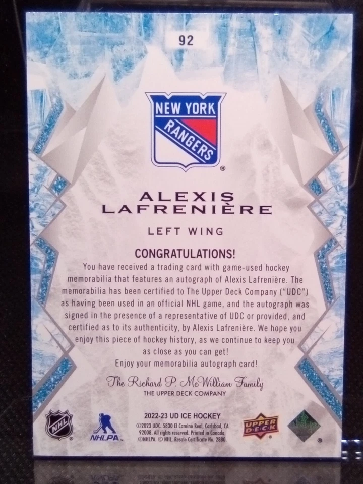 #92 Alexis Lafreniere Patch Auto Upper Deck Ice 2022-23 Gold 24/25 NY Rangers - Image 4 of 4