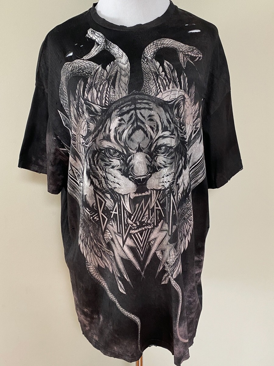 New Balmain Tiger Logo Distressed Acid Black Rock Band Tee