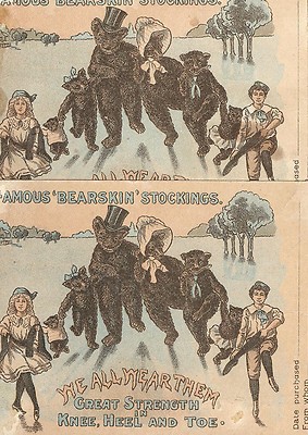 2 FAMOUS BEARSKIN STOCKINGS TRADE CARDS, BEAR FAMILY & TWO KIDS, TC601