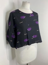 PIA MITA line silk blouse top S 8 10 VGC ruffle short cropped purple lips mouth