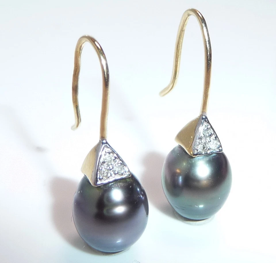Ohrringe 585 Gold  0.06ct. Diamanten Tahiti-Perle Länge 24 mm 3,0 g Ohrhaken - Bild 2 von 4