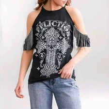 Affliction Women's “VERSAILLES” Rhinestone Fringe cold shoulder T-shirt NWT