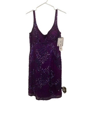 Scala New With Tags Purple 100% Silk Beaded Dress Size 8
