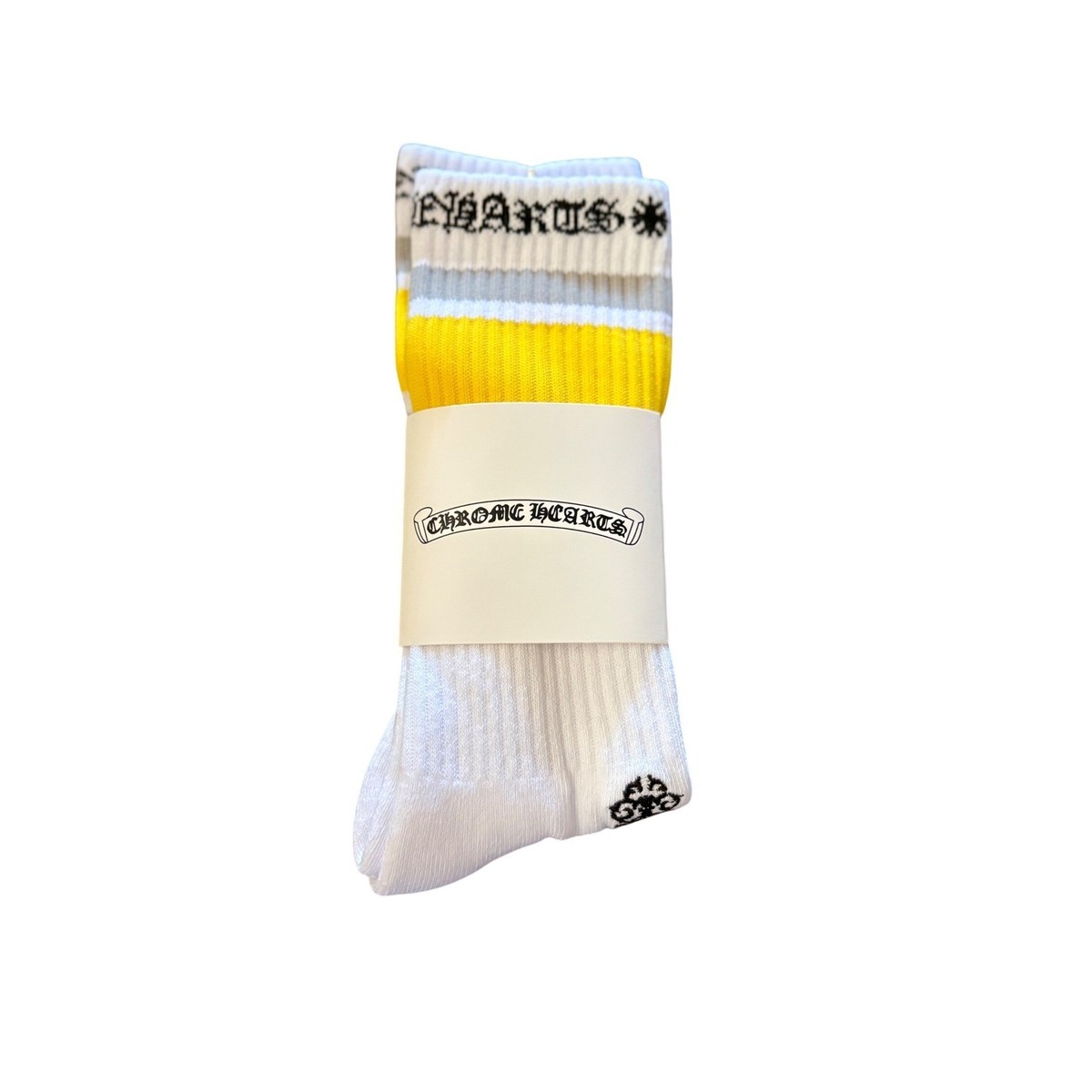 CHROME HEARTS 黄色ストライプソックス 1足 Chrome Hearts Miami Socks White Yellow Grey Striped US Large 9-13
