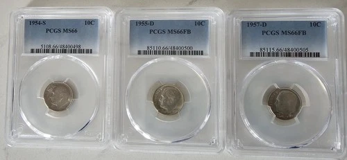 Roosevelt Dime Lot  - 1954-S MS66 - 1955-D MS66FB - 1957-D MS66FB - All PCGS