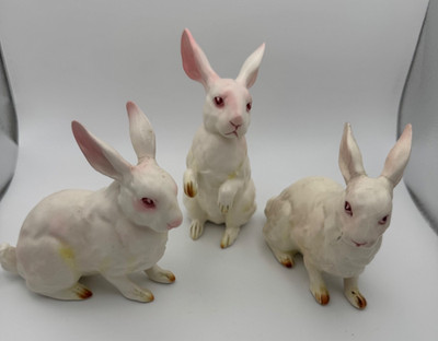 Vintage Lefton Ceramic White Rabbit Figurines Lot of 3 Pink Eyes Easter H880