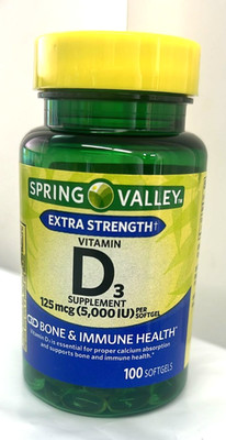 Spring Valley Vitamin D3 125 mcg per Softgel 5000 IU 100 Count /exp 08 /27