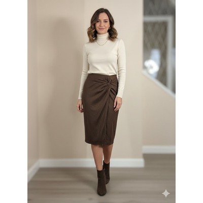 Hem & Thread Brown Faux Suede Knot Front Wrap Midi Pencil Skirt Size Large
