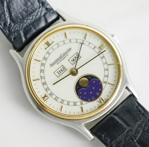 Jaeger-LeCoultre Master Moon Phase Day/Date Auto Black Leather Strap SS