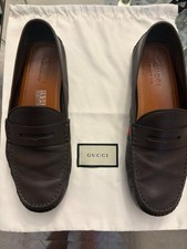 Gucci Men's Brown Leather Web Driving Loafers Moccasins Size 9.5