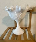 Fenton Vintage White Milk Glass Spanish Lace Silver Crest Compote