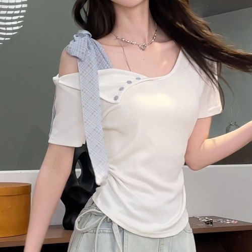 T-shirt femme mode nœud papillon épaules dénudées pour vêtements quotidiens - Picture 12 of 36