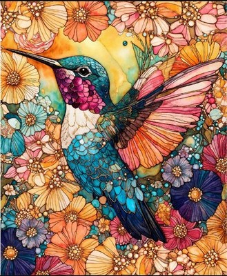 36'' X 44'' Panel Flight of Beauty Hummingbirds Glass Look Cotton Fabric D380.64