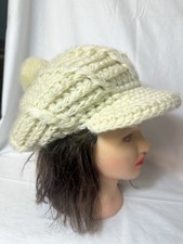 VTG 70s Chunky Knit Wool Beret Hat Cream Tam Cap w/ Pom Pom Retro Boho Ski