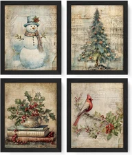 Vintage Christmas Prints Wall Art Set of 4, Christmas Wall Decor, Retro Christma