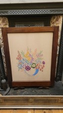 Vintage Fire Screen Oak  Hand Embroidered Floral