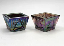 Vintage Fenton 2-Iridescent Square Purple & Amethyst Carnival Glass Open Salt