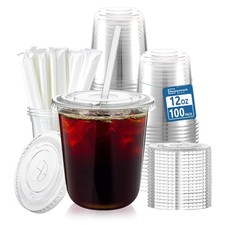 100 Pack 12 oz BPA-Free Clear Plastic Cups with Lids and Straws - Leak-Proof ...