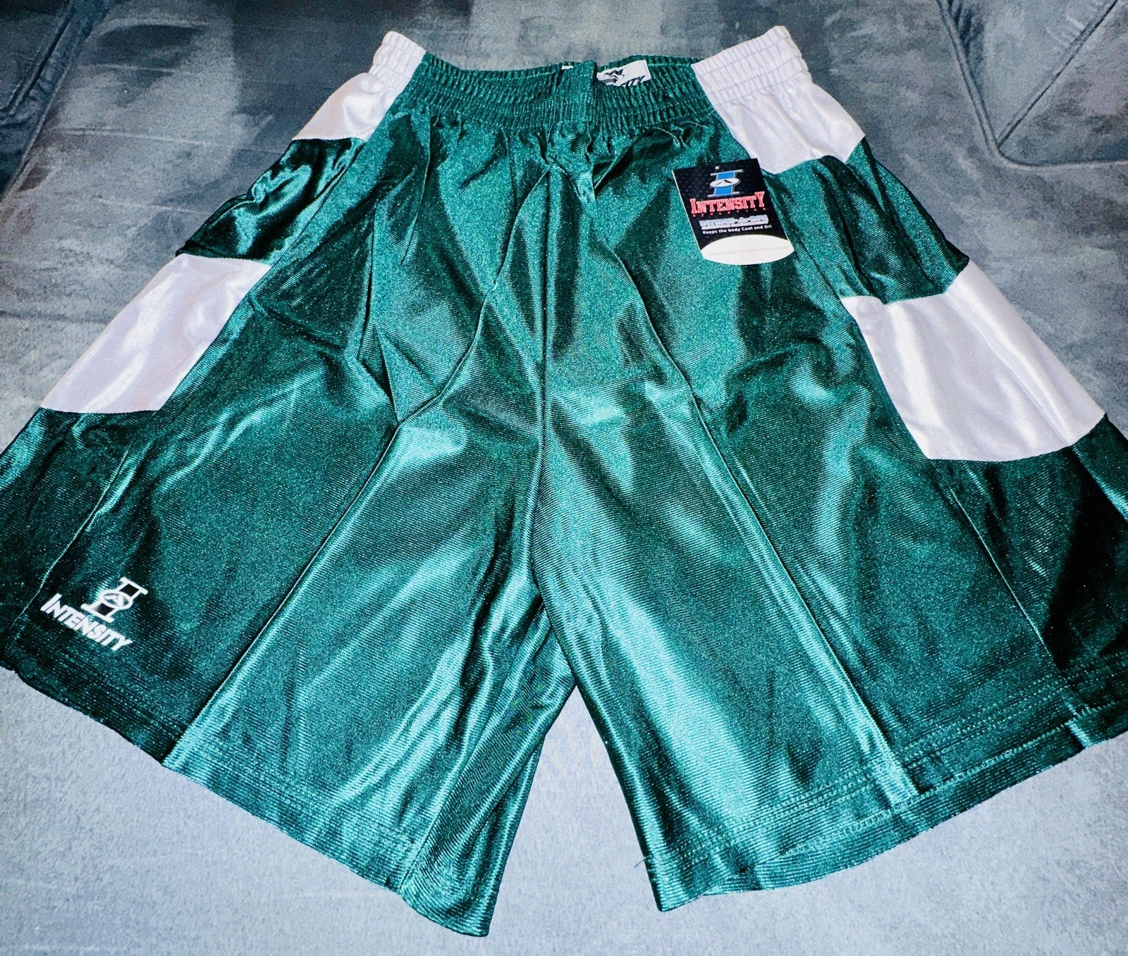 Green Intensity Nylon Basketball Shorts Size Large, Silky Shiny Dazzle