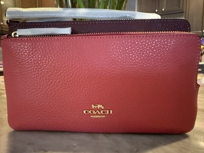 *COACH*~(C7368)~Multi COLOR BLOCK LT Double Zip Wallet~IM Watermelon/Wine~(BNWT)