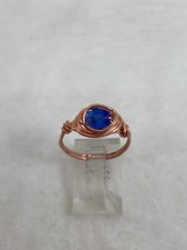 Handmade  Copper Wire Wrap  Blue Crystal Glass Bead Rings Size 7  191